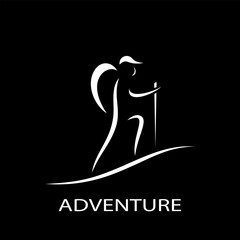 Adventure logo simple line hiker silhouette on black. Vector illustration, EPS 10. - 336157351