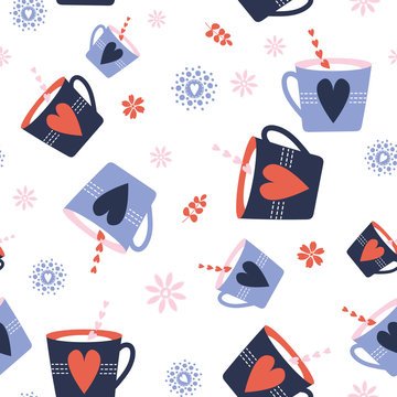 Seamless Vector Pattern with colorful tea and coffee cups and hearts, for decoration, print, stationery, fabric, textile
