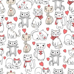 Cute cats seamless. Funny pets doodle pattern for kids textile design vector cats illustrations. Cat seamless mascot outline sketch, kitten muzzle repeat