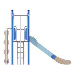 Modern children's game complex on a white background. Gaming equipment with a slide, stairs and towers for placement in the courtyards. Close-up. Clipping path included. 3D rendering.