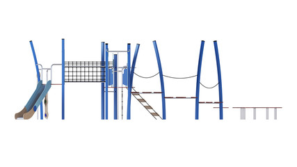 Modern children's game complex on a white background. Gaming equipment with a slide, stairs and towers for placement in the courtyards. Close-up. Clipping path included. 3D rendering.