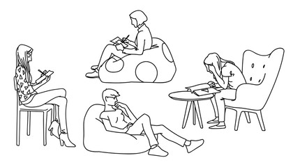 Women sitting in different poses. Sketch. Vector illustration of various girls sitting on chairs or on pillows in simple line art style isolated on white background. Concept. Monochrome minimalism.