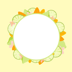 Tropical yellow  citrus round frame. Lime, pineapple,flowers, berries. Bright exotic circle border. Healthy vegetarian food. Fresh and juice fruits