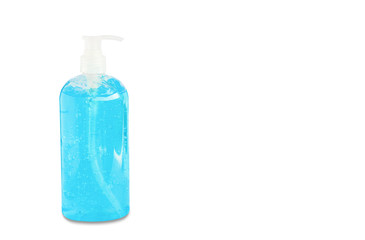 clipping path, blue color alcohol gel sanitizer pump bottle isolated on white background, copy space, corona virus protection concept