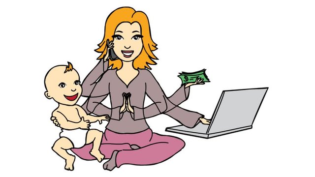 Work from home Women earning online and taking care of Kid Line Drawing Animation Transparent background Vector Motion graphic
