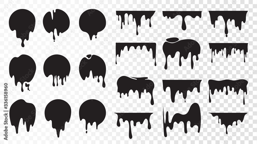 Canvas Prints Black dripping ink. Isolated spots of paint, floating oil blots vector set. Blob paint, ink splatter black, stain and drip illustration