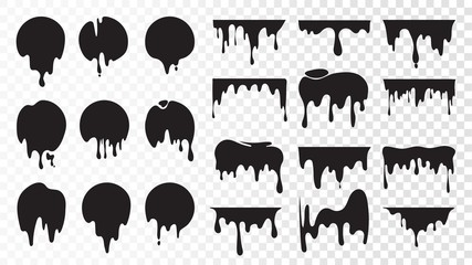 Black dripping ink. Isolated spots of paint, floating oil blots vector set. Blob paint, ink splatter black, stain and drip illustration - obrazy, fototapety, plakaty