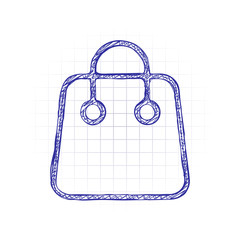 Shopping bag icon. Linear, thin outline. Hand drawn sketched picture with scribble fill. Blue ink. Doodle on white background