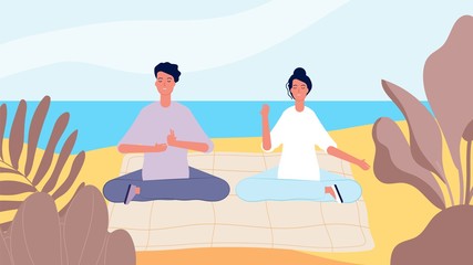 Meditation on beach. Man woman morning relax. Mind restart, summer vacation vector illustration. Position relax, female and male outdoor zen