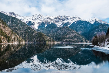 Lake Ritsa located in Abkhazia, in the Caucasus Mountains.