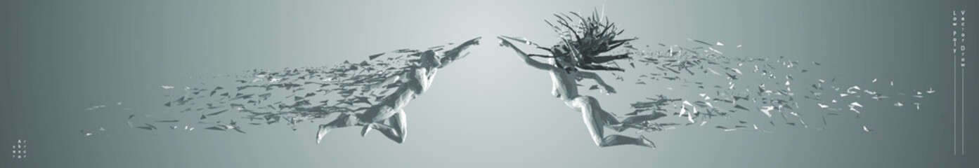 Vector drawn by polygons. Low-poly cover design. Creative fitness art. Concept graphic of 3d flying people.