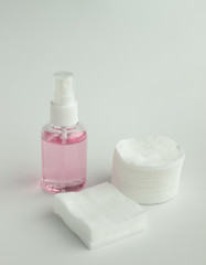 Protecting health from bacteria and viruses. Hand sanitizer, face mask and body thermometer.