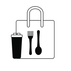 Illustration of   bag with a spoon and a fork on a white background . Takeaway food or coffee drink symbol. It can be use for cafe advertising.