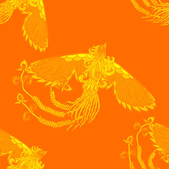 Creative seamless pattern with hand drawn chinese art elements: phoenix, lantern, fan and flowers. Trendy print. Fantasy chinese phoenix, great design for any purposes. Asian culture. Abstract art.