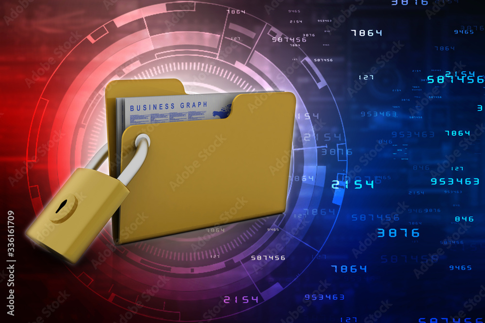 Poster yellow folder and lock. data security concept. 3d rendering