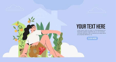 Girl or woman in a house or flat meditating and enjoing beautiful house plants growing in pots and portable humidifier device on floor that moisturing air in a room. Home garden or greenhouse concept.