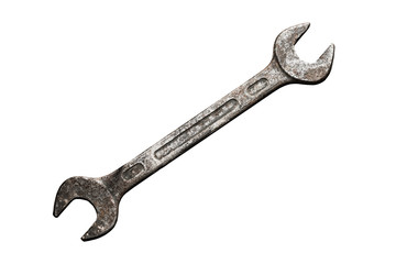 Rusty metal wrench. Grunge spanner isolated on white. Mechanic tool background.