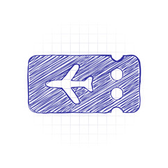 Simple ticket plane icon. Blank card. Hand drawn sketched picture with scribble fill. Blue ink. Doodle on white background