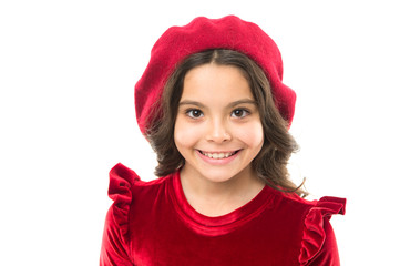 happy child in french beret. retro kid fashion. pretty little girl wear red barret. childhood happiness. small beauty isolated on white. kid has perfect skin and hair. parisian lady