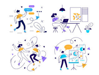 Vector set of creative business illustration of communication of people team at place work. Woman with laptop and man near flipchart board on white background. Report of financial analytics.