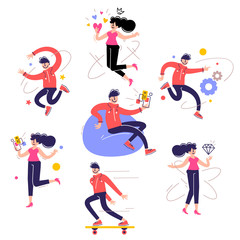 Vector set of creative illustration of happy man and woman on white background. Young smile people in casual clothes with smart phone, heart, skateboard, diamond.