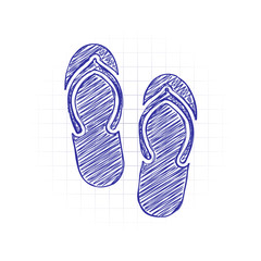 Beach slippers. Flip flops icon. Hand drawn sketched picture with scribble fill. Blue ink. Doodle on white background