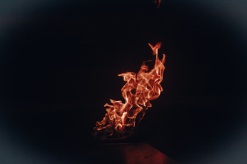 Beautiful fire. Tongues of flame on a black background. Fire in the night, a big bonfire.