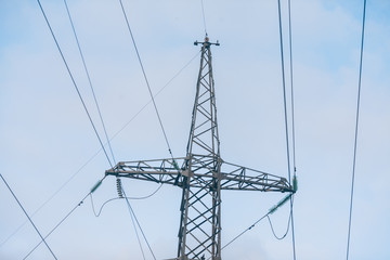 Power line tower. Transformer, electrification, high voltage wires.