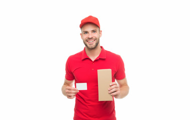 Get your discount card. Happy courier hold card and box. Parcel delivery. Delivery man show blank card for business information. Online shopping. Order and pay with credit card, copy space