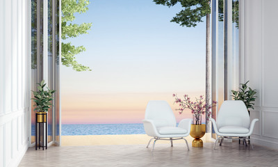 Naklejka premium Modern tropical living room interior design and sea view background