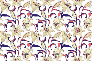 Oriental Lilies floral bright seamless pattern