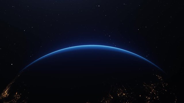 4K Beautiful sunrise world skyline. Planet earth from space. Planet earth rotating animation. Clip contains space, planet, galaxy, stars, cosmos, sea, earth