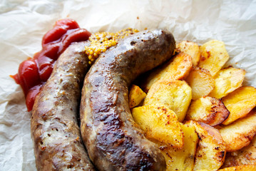 On parchment paper, a traditional German dish, potatoes and fried sausages