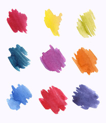 watercolor illustration, set of color spots, frame, background red, yellow orange, blue, purple
