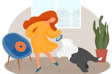 Cheerful girl plays with a dog in a city apartment. I'm staying home. Occupation and friendship with pets. Dog training. Vector in a flat style.