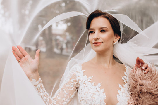 A beautiful portrait of the bride under a veil. Elegant woman with professional make up and hair style. A photo of delicate bride's hands hidden under a veil. Wedding day. Marriage. Fashion bride.