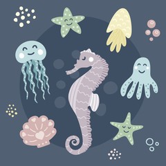 Set with sea life elements. Hand drawn doodle vector illustration. Sea animals on a blue background. 