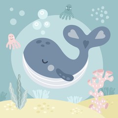 Cartoon cute whale. Hand drawn doodle vector illustration. 
