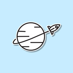 Rocket fly around world sticker icon. Simple thin line, outline vector of space icons for ui and ux, website or mobile application