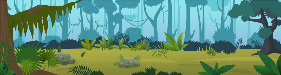 Edge tropical jungle panorama cartoon vector illustration background. Wild world of nature forest, dense vegetation, green high trees, various plants, grass, lianas, stones on ground Banner