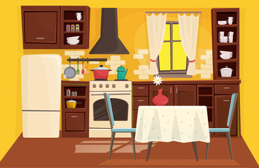 Traditional classic wooden kitchen interior flat cartoon game style vector illustration. Sunny bright space, window with nice curtains, compact situated furniture, household appliances