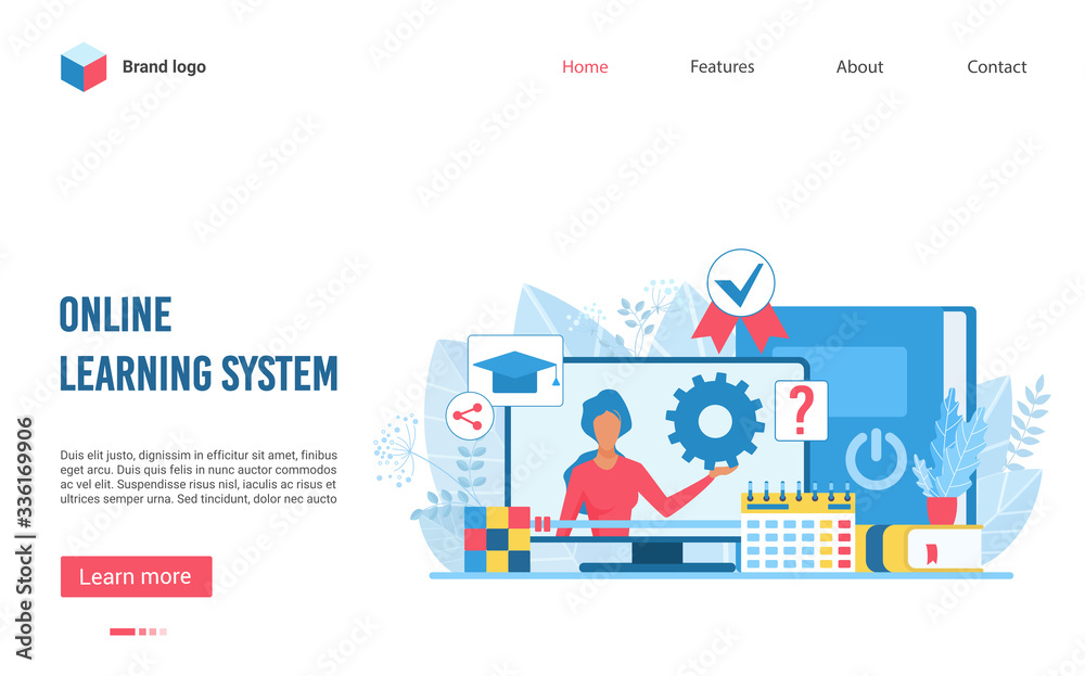 Aufkleber Online learning educational system flat vector illustration landing page, web page. Teacher on screen with video-lesson, time-table. Complex content, tasks, resources as e-library, reference books