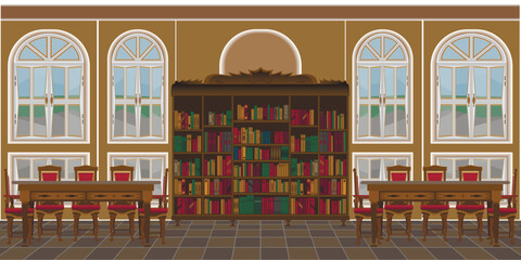 library interior with large windows and tables. Living Room Interior © viktor