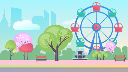Entertainment park in big city cartoon flat landscape background vector illustration concept. Blue sky, many trees, ferris wheel with colored cabs, cascade fountain, wooden benches, without people