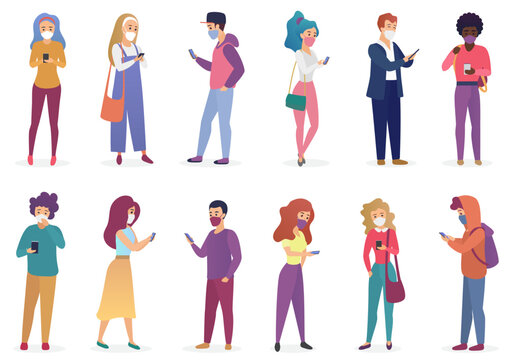 Pretty people in masks with smartphones character cartoon flat vector illustration quarantine set isolated on white background. Young men and women in casual and formal clothes, in different position