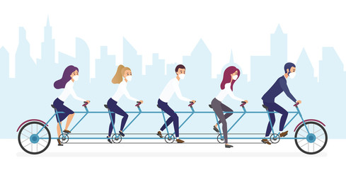 Obraz premium People in medical masks on multiseats bicycle character flat concept vector illustration. Teamwork in company at coronavirus quarantine conditions, men, women riding bicycle, skyscrapers on background
