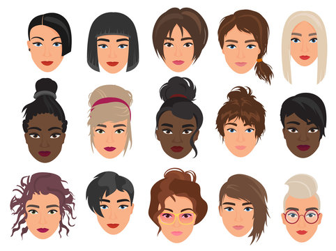 Women heads character flat cartoon vector illustration set isolated on white background. Beautiful light and dark faces, with and without spectacles, various modern and alternative haircuts