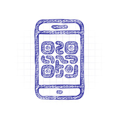 QR code. Scanning with cell phone. Technology outline icon. Hand drawn sketched picture with scribble fill. Blue ink. Doodle on white background
