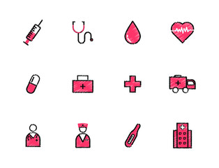 Hand rawn medical flat icons. Stroke vector elements for trendy and modern design. Vector line icons isolated on a white background. Vector illustration. Vintage texture icons.