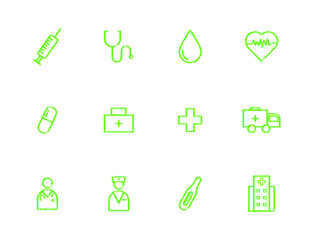 Hand rawn medical flat icons. Stroke vector elements for trendy and modern design. Vector line icons isolated on a white background. Vector illustration. Vintage texture icons.